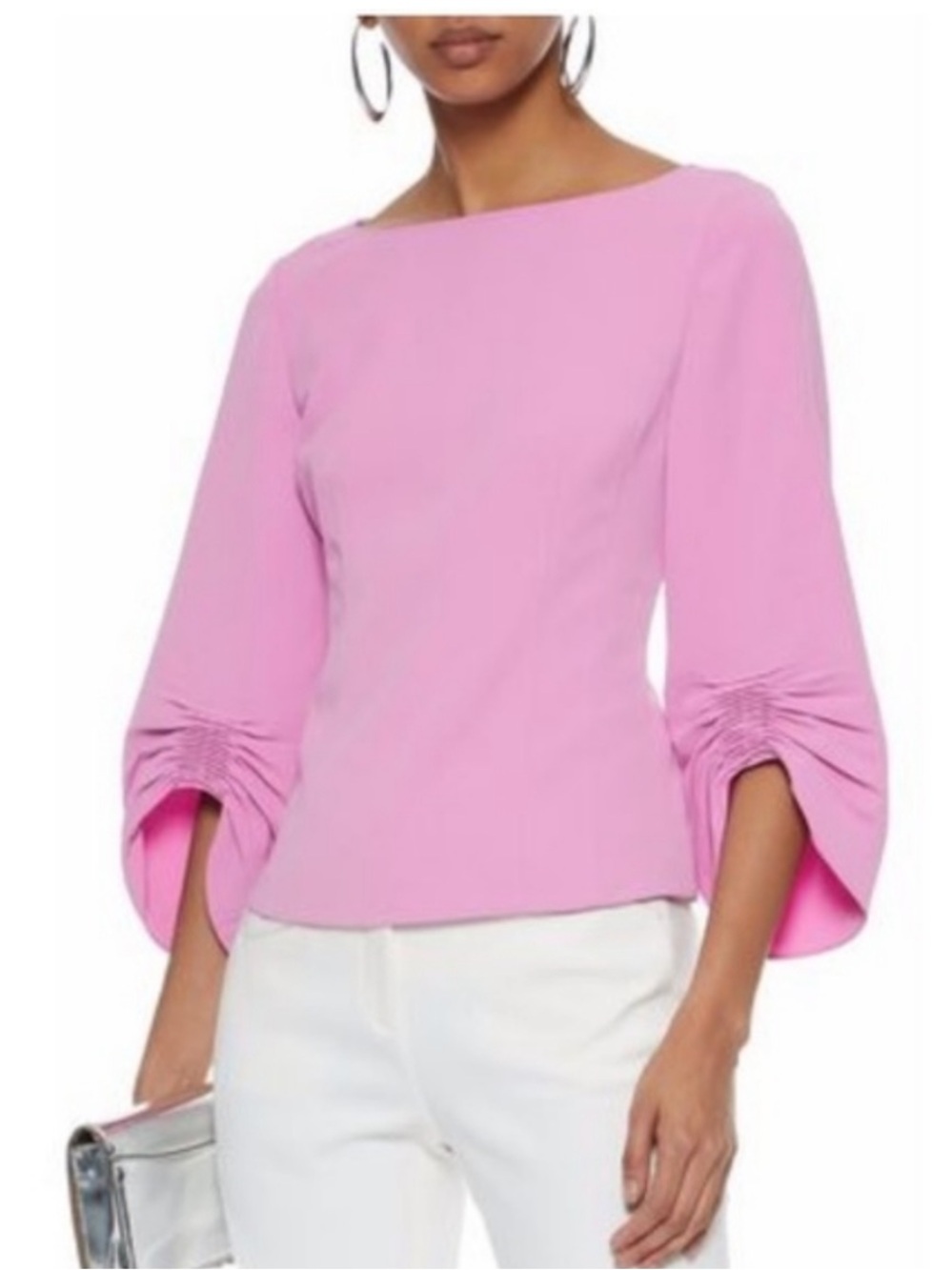 Tibi Draped Twill Corset Peplum Top Pitaya Pink Rose 3/4 Ruched Sleeves, Size 6